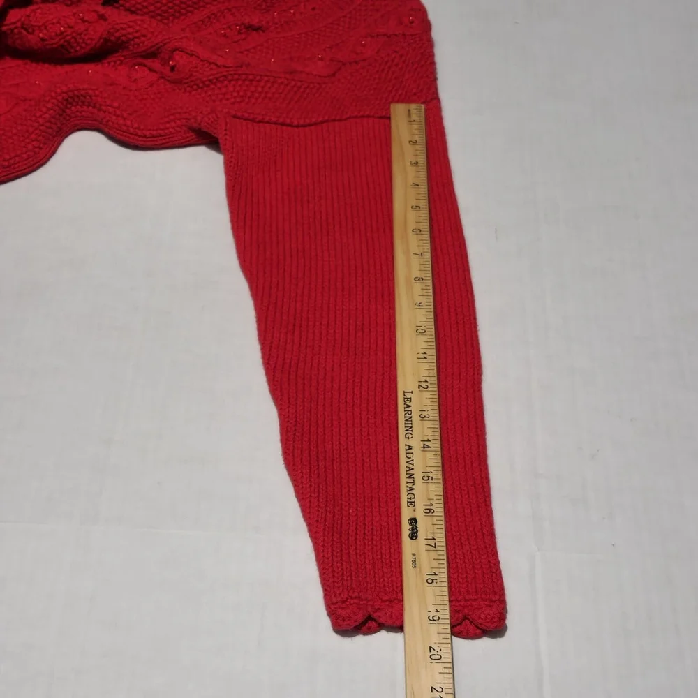Vtg Red Cable Knit Heavy Cardigan Beaded Floral Academia Button Closure Medium